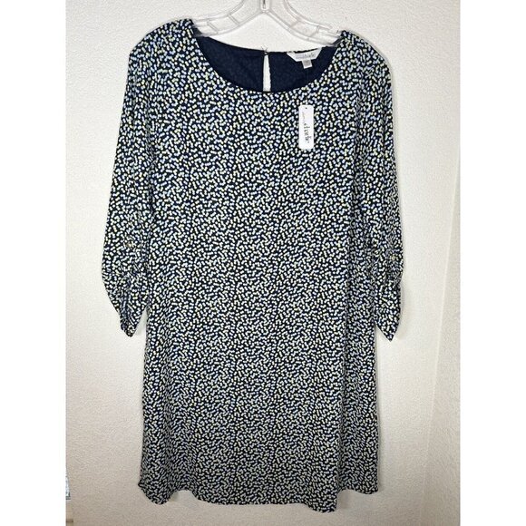 Charming Charlie Dress Womens Medium Shift Dress Blue Dots Roll Tab Sleeves - Picture 1 of 14
